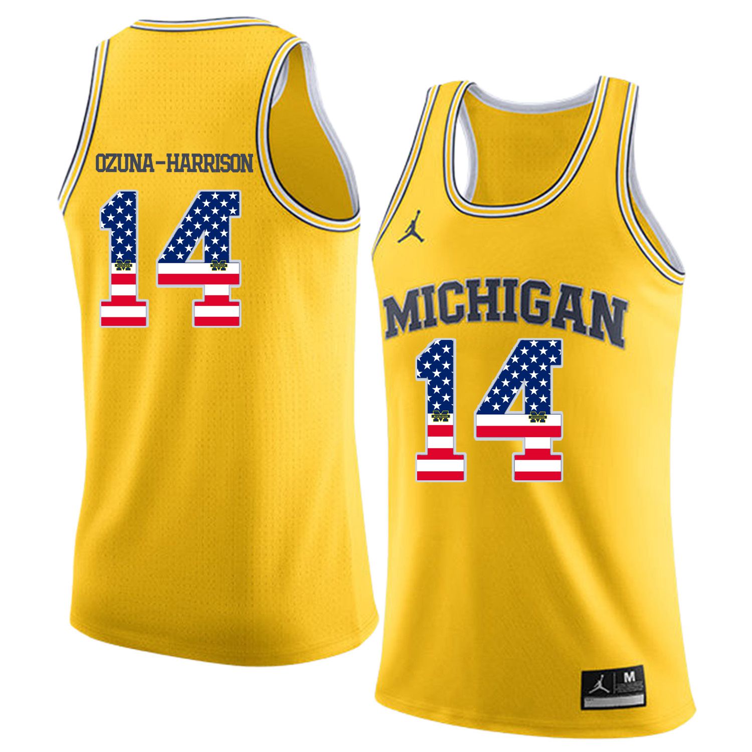 Men Jordan University of Michigan Basketball Yellow 14 Ozuna-Harrison Flag Customized NCAA Jerseys